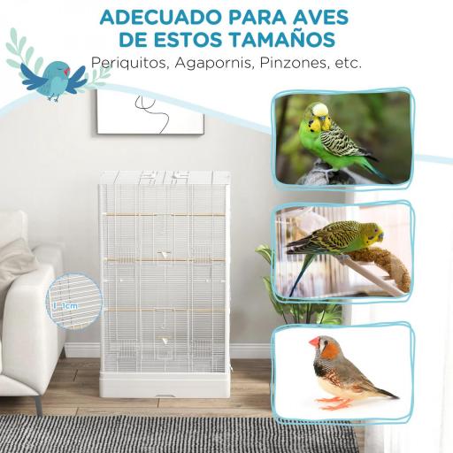 Jaula para Pájaros 61x36,5x98 cm con 8 Puertas 5 Perchas Bandeja Extraíble y 4 Comederos para Periquitos Pinzones Blanco [3]