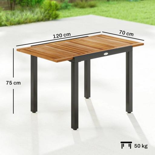 Mesa de Jardín Extensible 120/80x70 cm Estructura de Acero y Tablero de Madera de Acacia para 4-6 Personas Natural [1]