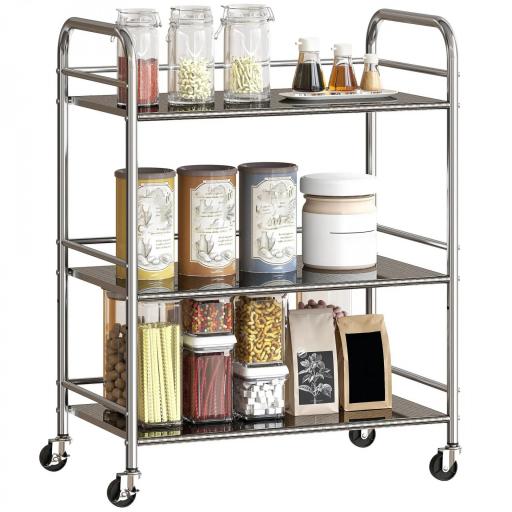 Carrito Auxiliar con Ruedas de Acero Inoxidable Carro de Servicio de 3 Niveles con Estante Ajustable 60x35x77 cm Plata [9]