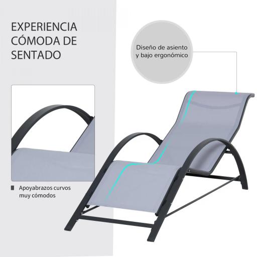  2 Tumbonas de Jardín 59x169x66 cm con Mesa de Centro 41x41x45 cm de Vidrio Reposabrazos para Patio Piscina Terraza Gris [5]