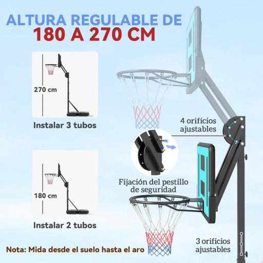 Canasta de Baloncesto Ajustable de 146-236 cm con Ruedas y Base Rellenable con Agua o Arena Tablero Irrompible Negro [3]