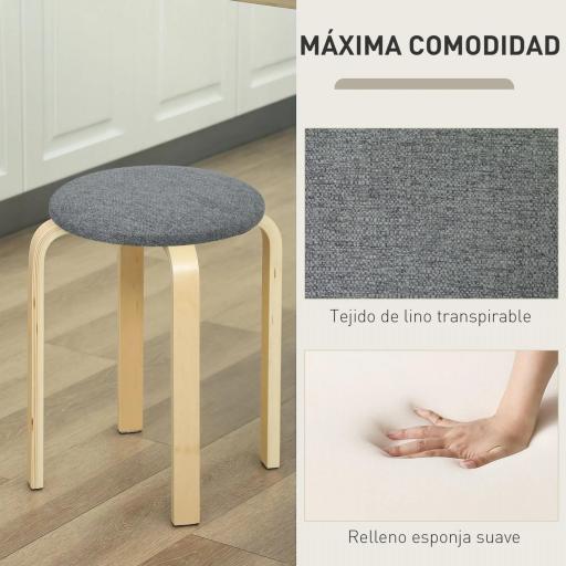 Juego de 4 Taburetes Redondos de Madera Apilables con Asiento Acolchado para Cocina Comedor Dormitorio Gris [3]