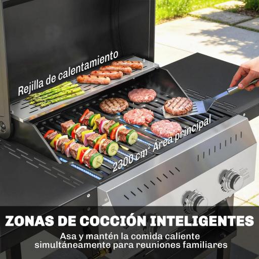 Barbacoa de Gas con 3 Quemadores Termómetro Parrilla Mesas Laterales Plegables Estante y Ruedas 123x57x102 cm Negro [7]