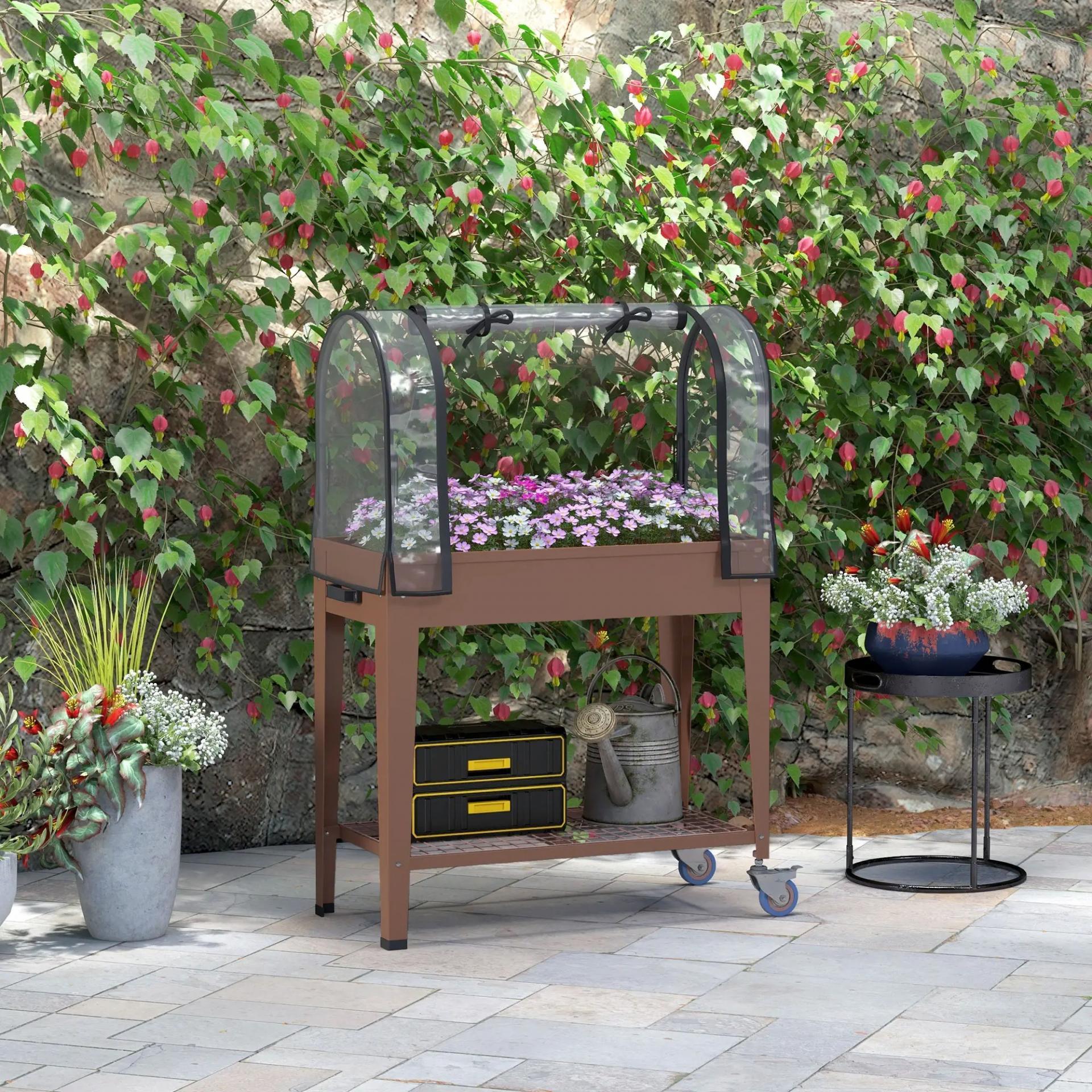 Huerto Urbano Elevado 80x40x120 cm con Cubierta de Invernadero y Estante Inferior para Cultivo Plantas Flores Marrón