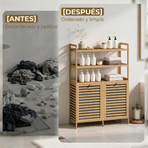 Mueble Ropa Sucia de Bambú con 2 Cestos para Ropa Sucia Inclinables 38,7 L y 3 Estantes 80x30x118 cm Roble [6]