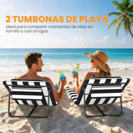 Conjunto de 2 Esterillas de Playa Plegable con Respaldo Ajustable Reposacabezas Acolchado 150x50x2 cm Gris y Blanco [5]