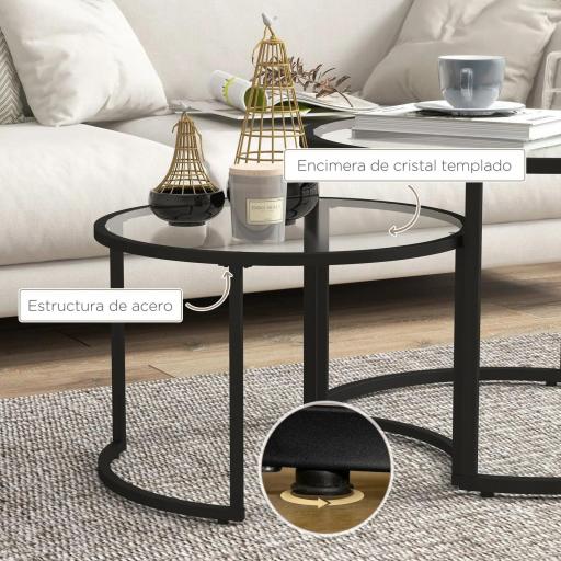 Juego de 2 Mesas Nido Mesas de Centro Redondas Tablero de Cristal Templado Marco de Acero Negro y Transparente [2]