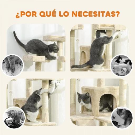 Árbol Rascador para Gatos Árbol para Gatos 153 cm con 2 Cuevas 3 Camas 2 Rampas Postes de Sisal Ratones Colgantes Crema [2]