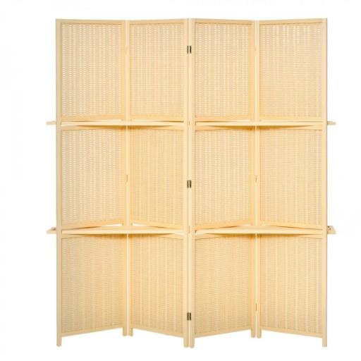 Biombo Separador de Ambientes Plegable de 4 Paneles con 2 Estantes Extraíbles para Dormitorio 180x180 cm Natural [9]
