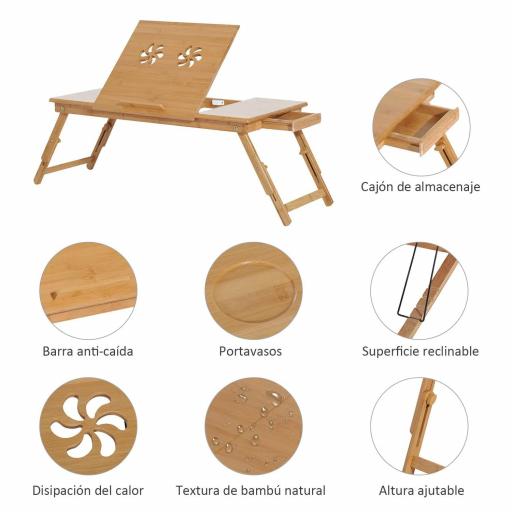 Mesa de Ordenador Portátil Bambú Bandeja de Cama Desayuno Plegable Reclinable Altura Ajustable Soporte Escritorio de regazo 1 Cajón 72x35x22-30cm [5]