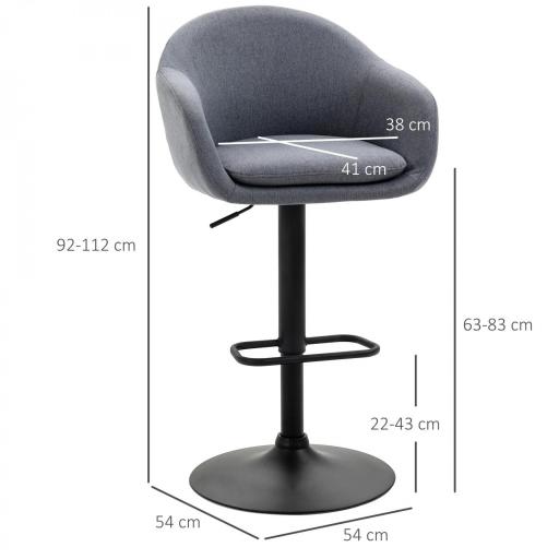 Taburete de Bar Regulable Tapizado de Tela con Reposapiés y Pata de Acero Carga 110 kg 54x54x92-112 cm Gris Oscuro [1]