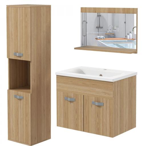 Conjunto de Muebles de Baño de Pared 3 Piezas Incluye Espejo Armario con Lavabo Cerámico y Columna de Baño Natural [9]