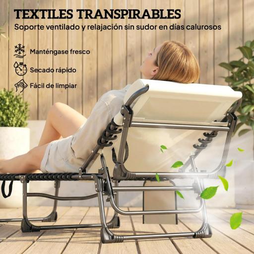 Set de 2 Tumbonas Plegables con Reposacabezas Bolsillo Lateral y Respaldo Reclinable en 5 Posiciones Blanco Crema [4]