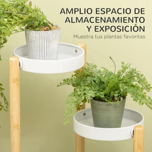 Soporte para Plantas con Patas de Bambú y 4 Estantes Metálicos Redondos Carga 20 kg Ø28x80 cm Natural y Blanco [2]