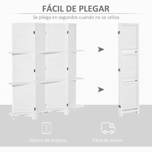 Biombo Separador de Madera de 4 Paneles Divisor de Habitaciones Plegable con 3 Estantes Extraíbles Diseño Persiana para Dormitorio Oficina 160x170 cm Blanco [7]