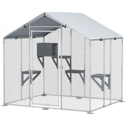 Refugio Exterior Grande para Gatos Jaula de Acero Galvanizado con Techo Impermeable para 5 Gatos 200x170x195 cm Plateado [7]
