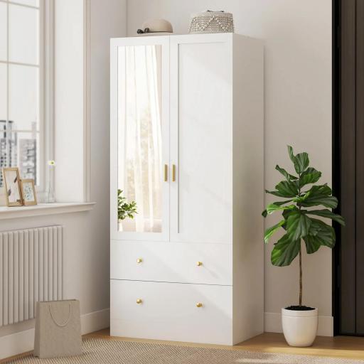 Armario Dormitorio 2 Puertas y 2 Cajones Armario Ropero con Espejo Barra para Colgar 80x50x180 cm Blanco [1]