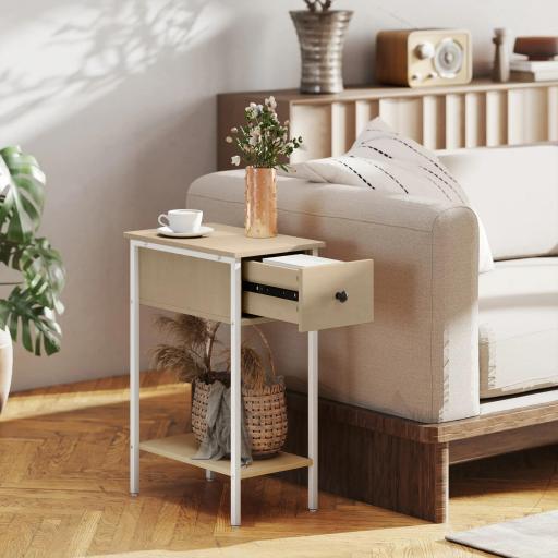 Mesa Auxiliar Estrecha con Cajón Estante Abierto y Estructura Metálica para Salón Dormitorio 25x39,8x58,2 cm Natural