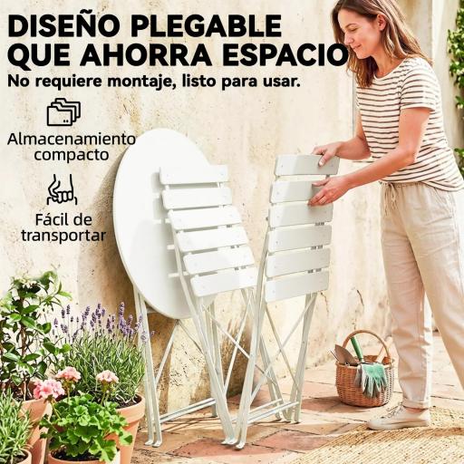 Conjunto de Jardín Plegable con 2 Sillas Plegables Mesa Redonda Estructura Metálica Electrofórica para Balcón Crema [6]