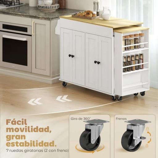 Isla de Cocina con Ruedas Encimera Extensible 4 Puertas Estantes Ajustables Especiero y Soporte para Toallas Blanco [4]
