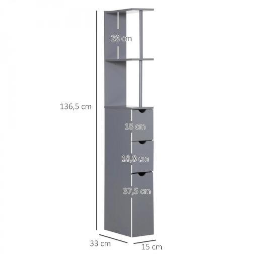 Columna de Baño Moderno Mueble Auxiliar de Baño con 2 Estantes 2 Cajones y 1 Puerta Antivuelco 15x33x136,8 cm Gris [1]