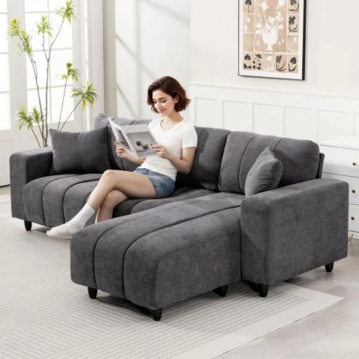 Sofá Chaise Longue Reversible de 3 Plazas 2 Almohadas Tapizado en Lino Marco de Acero 242x156x87 cm Gris Oscuro [6]