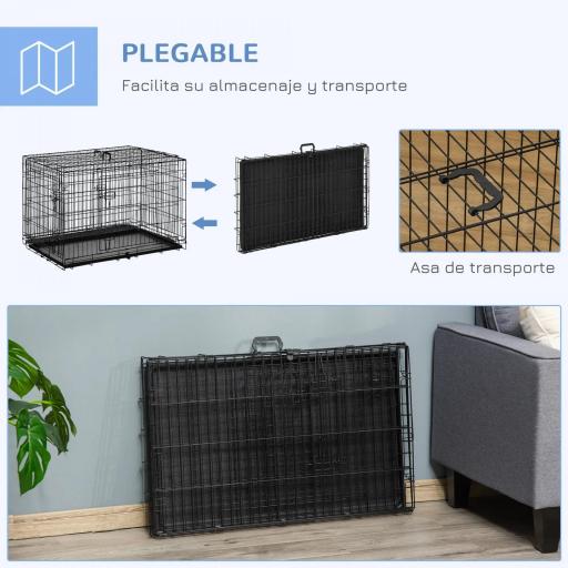 Jaula para Perros Plegable Transportín para Perros con 2 Puertas Bandeja Extraíble Asa de Transporte 90x57,5x62 cm Negro [5]