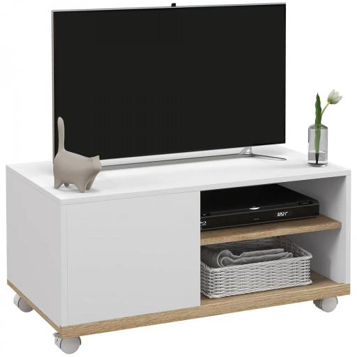 Mueble TV con Ruedas Mueble de Salón Mesa para Televisores de 42" con Puerta y 2 Estantes 80x45x39,5 cm Blanco [8]