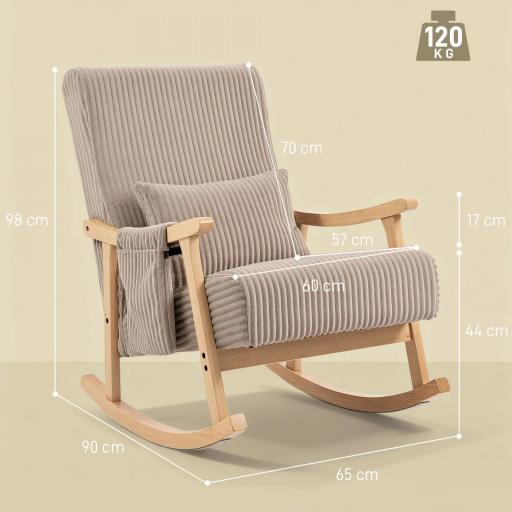 Silla Mecedora de Pana con Cojín Lumbar Patas y Reposabrazos de Madera de Caucho Bolsillo Estilo Moderno Marrón Claro [0]