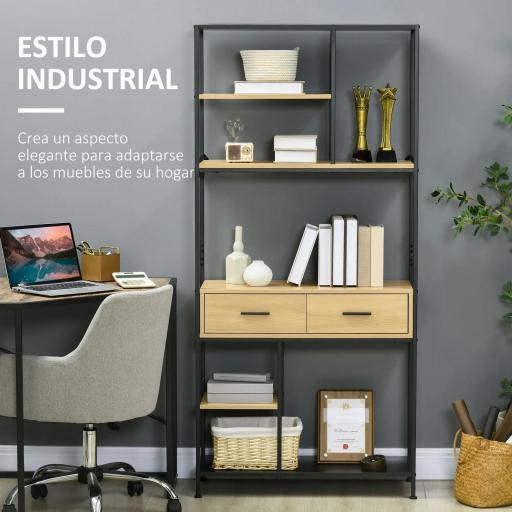 Estantería Estilo Industrial de 5 Niveles Mueble Estantes Almacenaje con 2 Cajones y Marco de Metal 80x30x170,5 cm Roble [2]