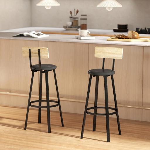 Juego de 2 Taburetes Altos de Cocina con Respaldo y Reposapiés Tapizados de PU Asiento de 75,5 cm Natural y Negro [4]