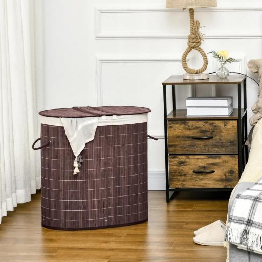Cesto para Ropa Sucia de Bambú Capacidad de 100L Cesta para la Colada con 2 Compartimentos 62,5x37x60,5cm Marrón