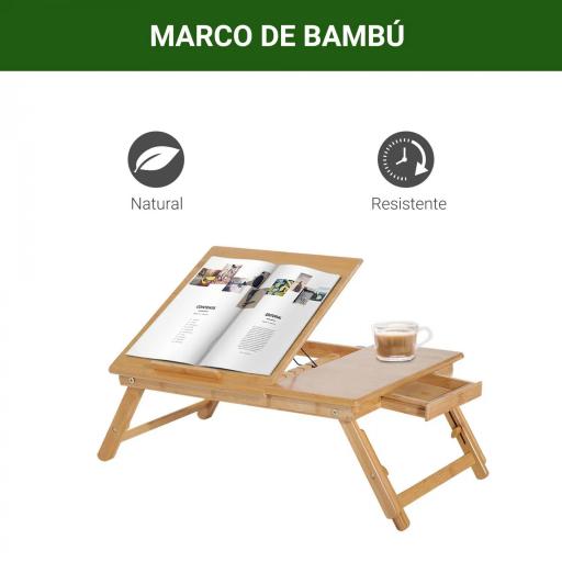 Mesa Plegable de Bambú, Mesa de Ordenador Portátil, para Cama y Sofá, Altura Ajustable, Cajón, Patas Plegables, para Leer, Escribir, Comer, Trabajar, Natural [6]