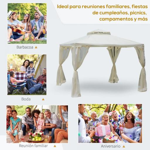 Cenador de Jardín 3x3 m Pabellón de Exterior con Doble Techo de Ventilación 4 Cortinas Mosquiteras Laterales con Cremallera 8 Orificios de Drenaje Gazebo para Fiestas Patio Crema [5]