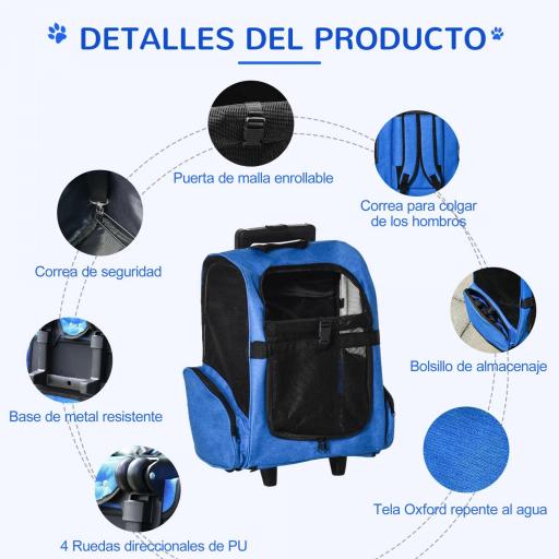 Transportín Carrito para Mascotas 2 en 1 Mochila de Viaje con 2 Ruedas para Perros Gatos con Asa Retráctil de Aluminio y Bolsillos de Almacenaje 42x25x55 cm Azul [4]