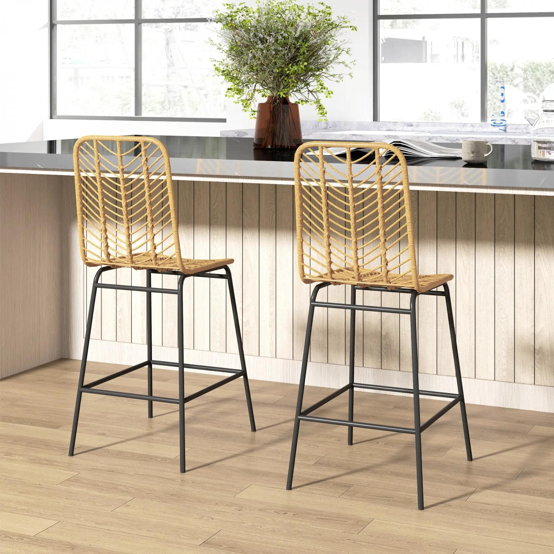 Taburetes Altos de Cocina Juego de 2 con Asiento de Ratán Sintético Taburetes de Bar con Patas de Acero 42,5x52x102 cm Natural