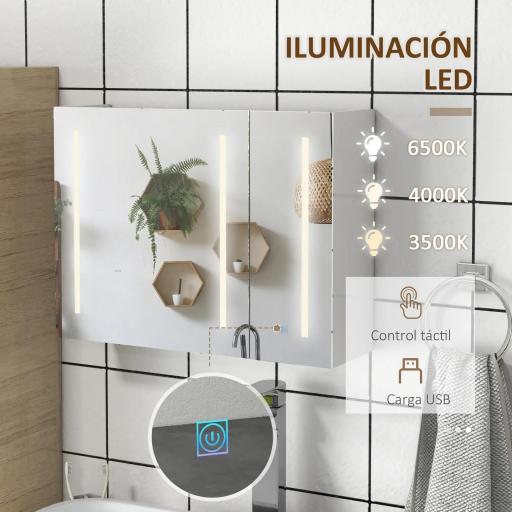 Armario con Espejo de Baño con 3 Puertas Estantes Ajustables Interruptor Táctil y USB 90x15x70 cm Blanco Brillante [6]