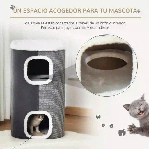 Barril Rascador para Gatos de 2 Niveles con Cuevas de Sisal Felpa Suave y Plataforma de Vellón 40x40x49 cm Gris [1]