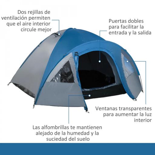 Tienda de Campaña para 3-4 Personas con Ventanas 2 Bolsillos y Bolsa de Transporte 250x300x130 cm Gris y Azul [3]