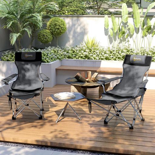 Conjunto de 2 Sillas Plegables Camping con Reposapiés Desmontable Reposacabezas Portavasos y Bolsa 125x48x90 cm Gris [7]