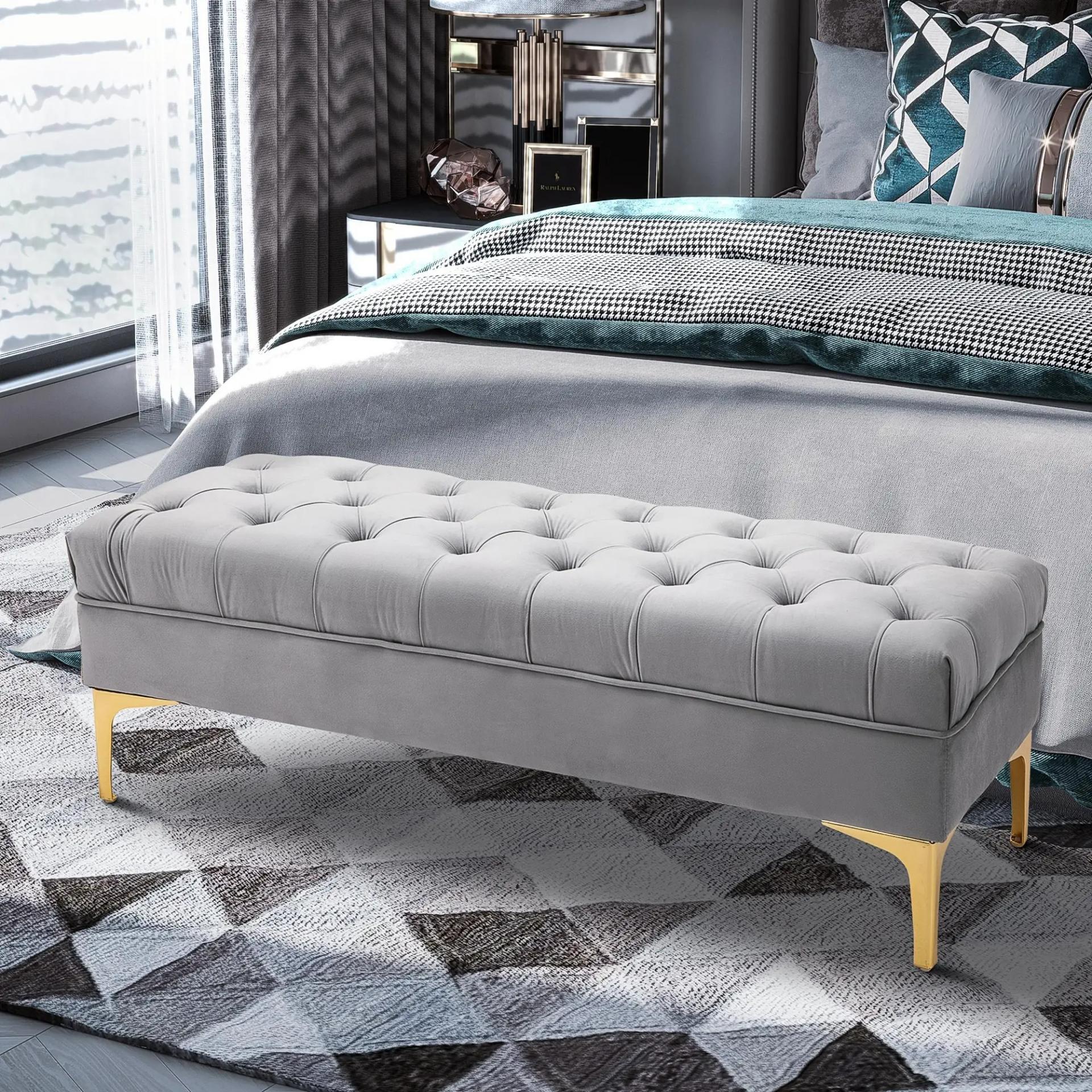 Taburete Pie de Cama Banco de Dormitorio con Asiento Acolchado y Patas Metálicas para Entrada Pasillo 118x45x42 cm Gris