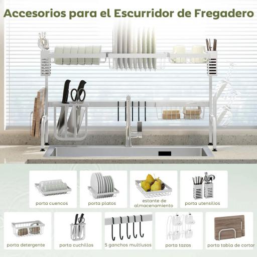 Escurreplatos de Acero de 2 Niveles para Fregadero con Soporte de Tabla de Corte y Cubiertos 100x30x54,5cm Blanco [4]