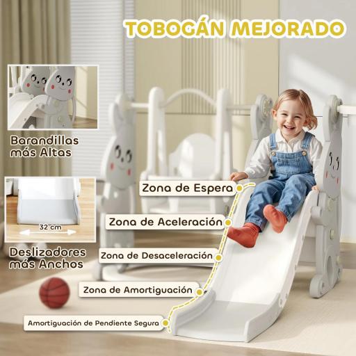 Tobogán Infantil con Columpio con Barandilla y Canasta 4 en 1 para Niños de +18 Meses 147,5x160x107 cm Gris [4]