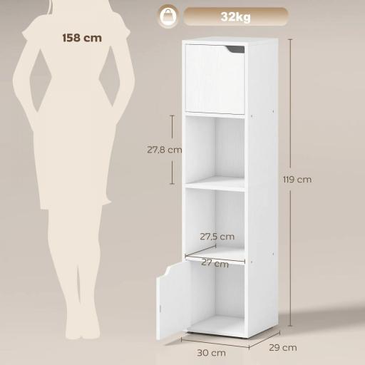 Estantería para Libros con 2 Puertas Librería Estrecha de 4 Niveles con 2 Estantes Abiertos 30x29x119 cm Blanco [1]
