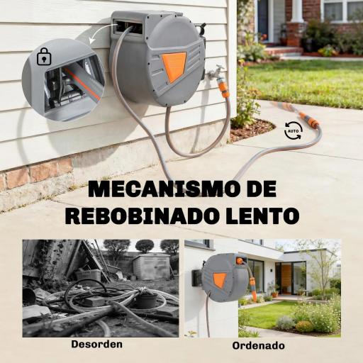 Carrete de Manguera Retráctil 30+2 m con Boquilla de 2 Modos Bloqueo Automático y Retracción Controlada Soporte Naranja [6]