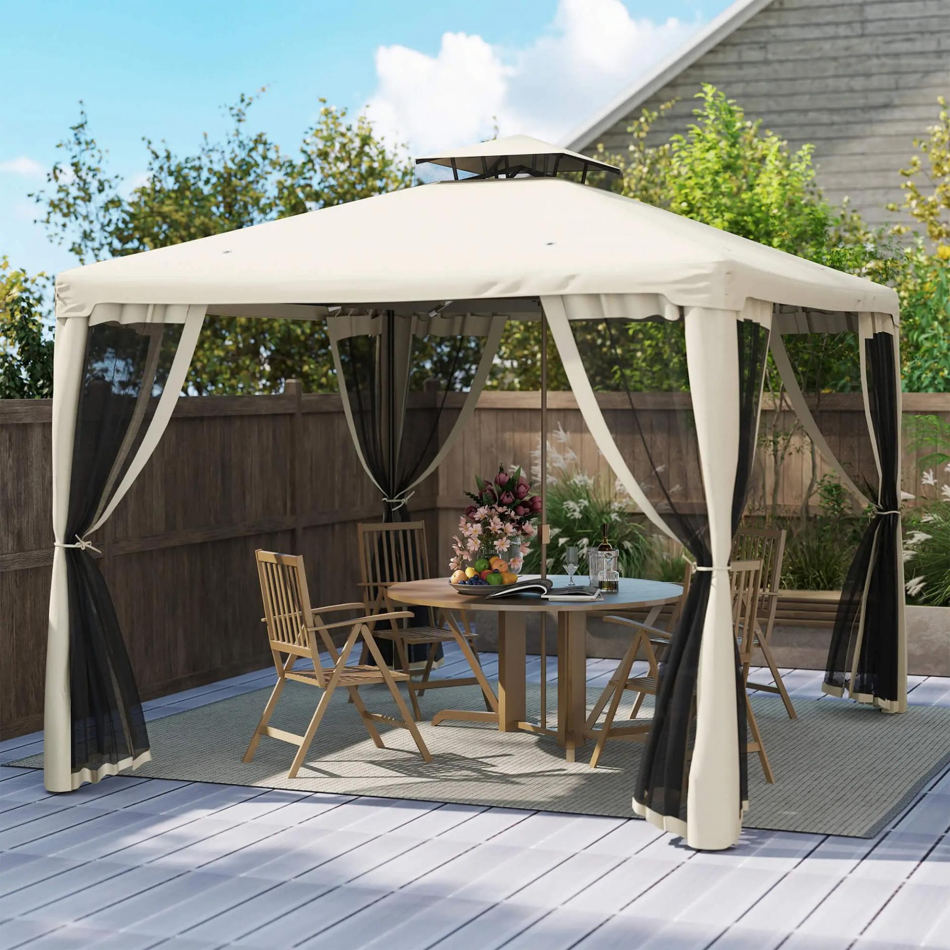 Cenador de Jardín 3x3 m Pabellón de Exterior con Doble Techo de Ventilación 4 Cortinas Mosquiteras Laterales con Cremallera 8 Orificios de Drenaje Gazebo para Fiestas Patio Marrón Pardo