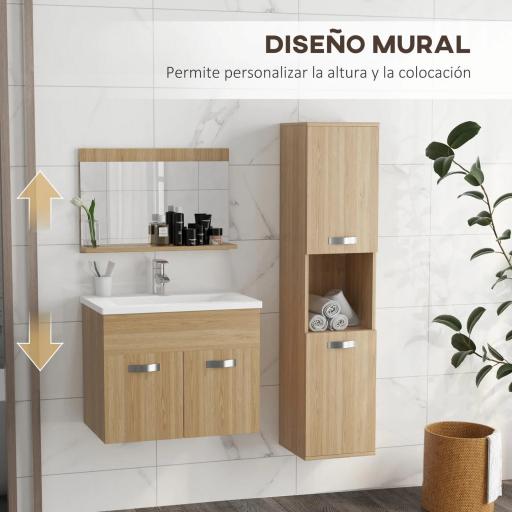 Conjunto de Muebles de Baño de Pared 3 Piezas Incluye Espejo Armario con Lavabo Cerámico y Columna de Baño Natural [6]