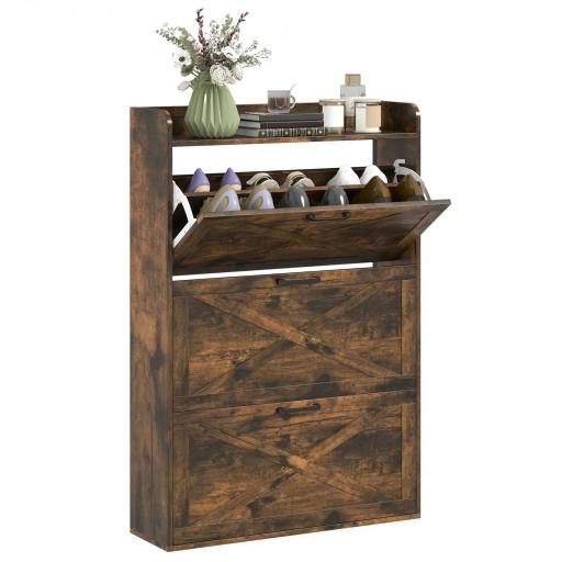 Zapatero Estrecho de 3 Cajones Abatibles para 24 Pares Diseño Rústico con Puertas de Granero 80x24x118 cm Marrón [10]