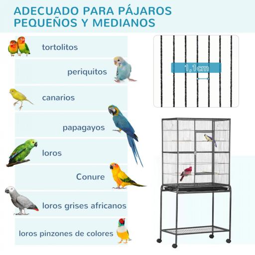 Jaula para Pájaros con Ruedas Pajarera Metálica con Perchas Comederos y Estante 81x48x162,5 cm Negro y Gris [3]