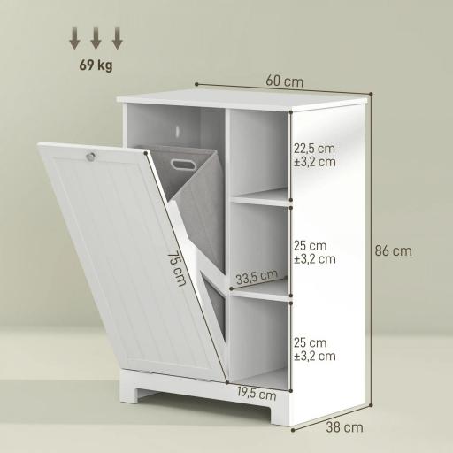 Mueble de Baño con Cesto Ropa Sucia Cesta Extraíble Estante Ajustable y Compartimentos para Baño 60x38x86 cm Blanco [4]